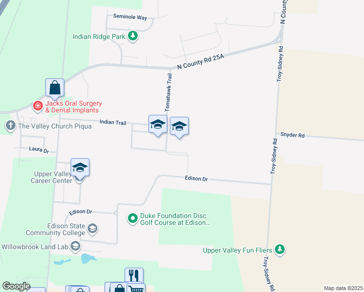 map of restaurants, bars, coffee shops, grocery stores, and more near 1 Tomahawk Trail in Piqua