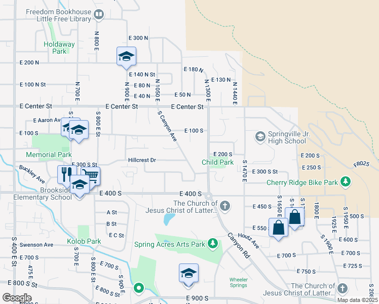 map of restaurants, bars, coffee shops, grocery stores, and more near 235 South Canyon Avenue in Springville