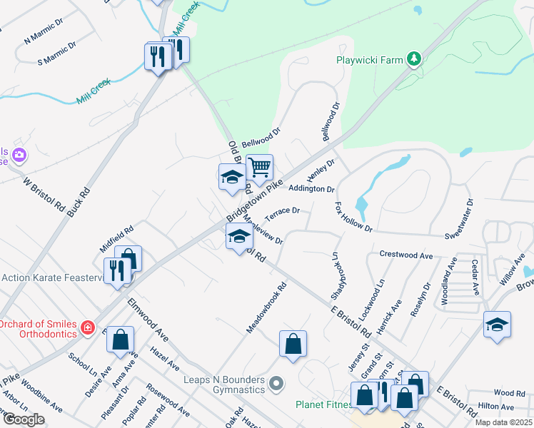 map of restaurants, bars, coffee shops, grocery stores, and more near 2034 Terrace Drive in Feasterville-Trevose
