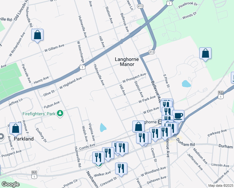 map of restaurants, bars, coffee shops, grocery stores, and more near 304 West Fairview Avenue in Langhorne