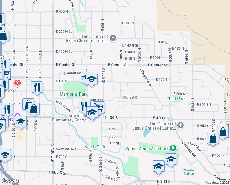 map of restaurants, bars, coffee shops, grocery stores, and more near 179 South 880 East in Springville