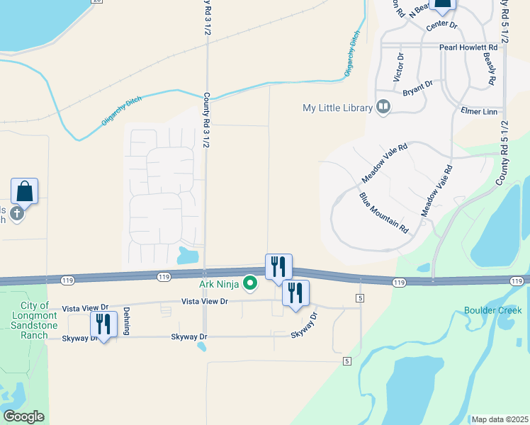 map of restaurants, bars, coffee shops, grocery stores, and more near 11074-11312 County Road 3 1/2 in Longmont