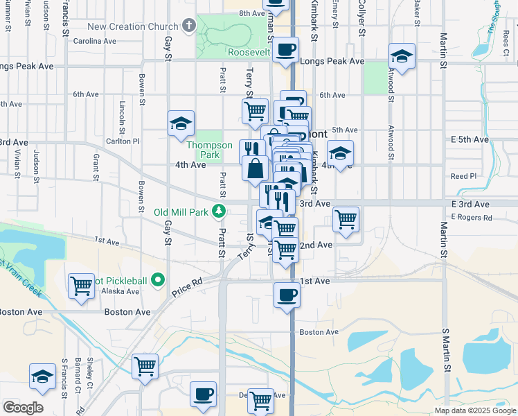 map of restaurants, bars, coffee shops, grocery stores, and more near in Longmont