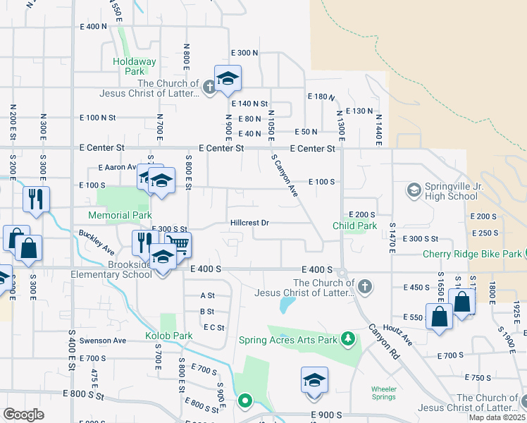 map of restaurants, bars, coffee shops, grocery stores, and more near 1071 East 200 South in Springville