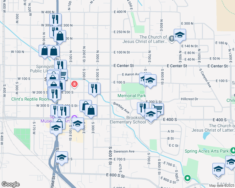 map of restaurants, bars, coffee shops, grocery stores, and more near 201 South 400 East in Springville