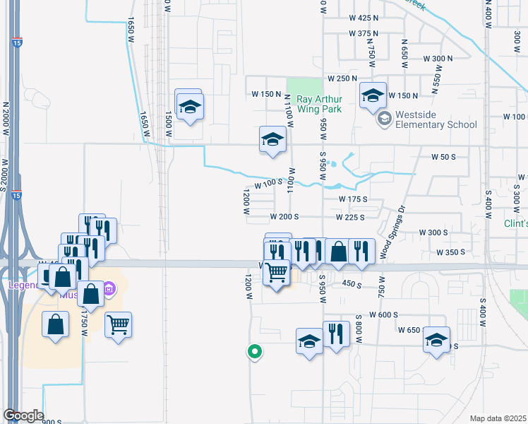 map of restaurants, bars, coffee shops, grocery stores, and more near 1163 West 150 South in Springville
