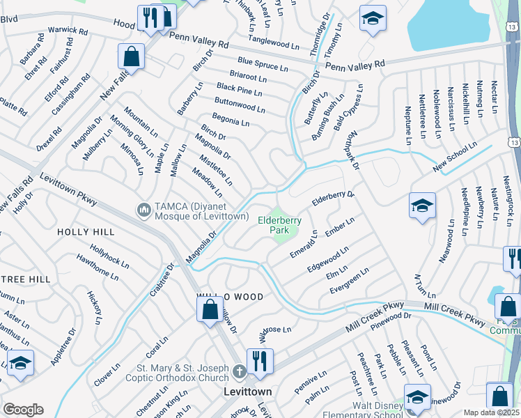 map of restaurants, bars, coffee shops, grocery stores, and more near 104 Eventide Ln in Levittown