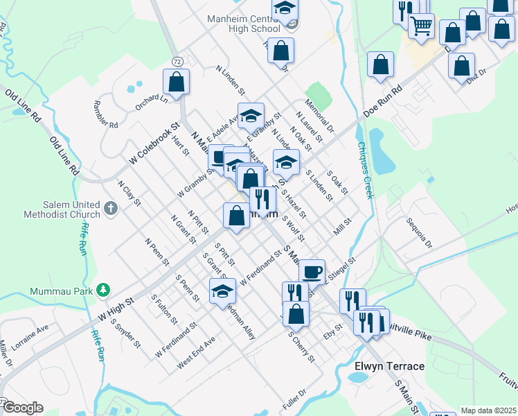 map of restaurants, bars, coffee shops, grocery stores, and more near in Manheim