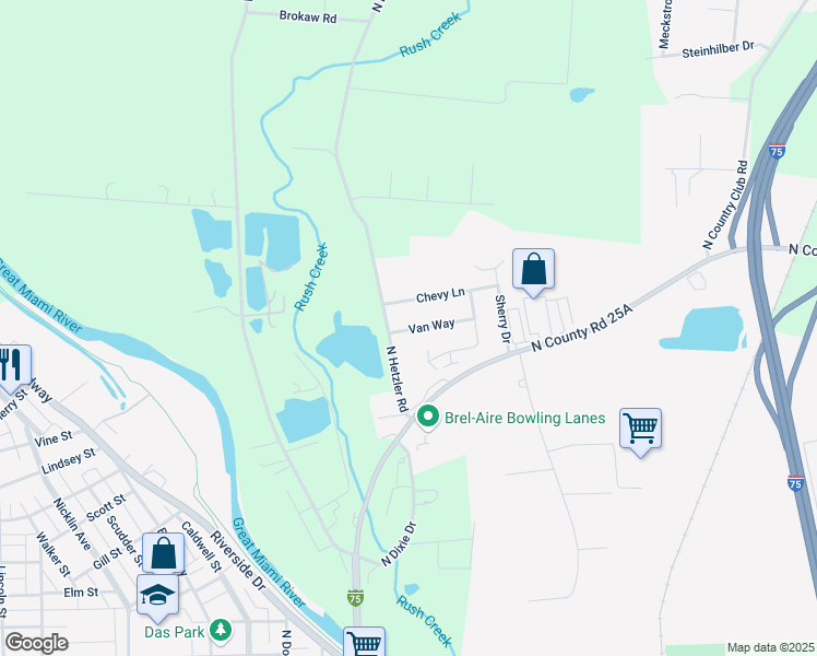 map of restaurants, bars, coffee shops, grocery stores, and more near 1130 Van Way in Piqua