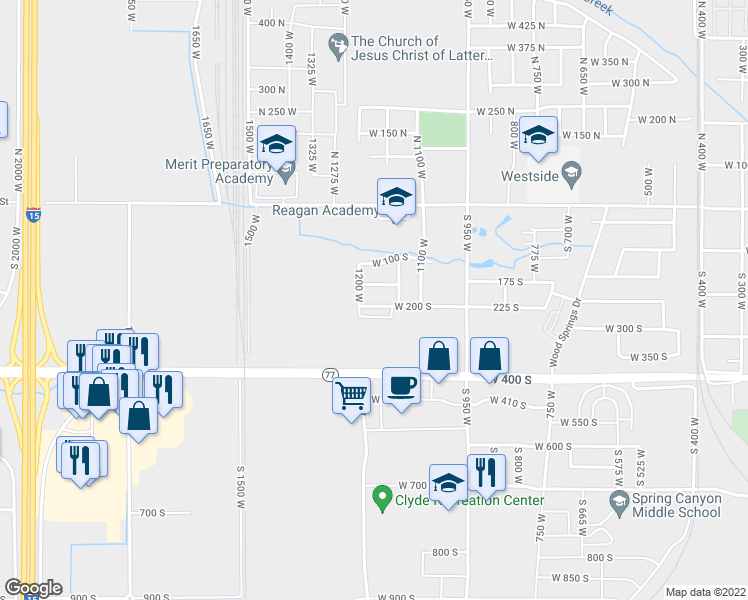 map of restaurants, bars, coffee shops, grocery stores, and more near 1178 West 200 South in Springville
