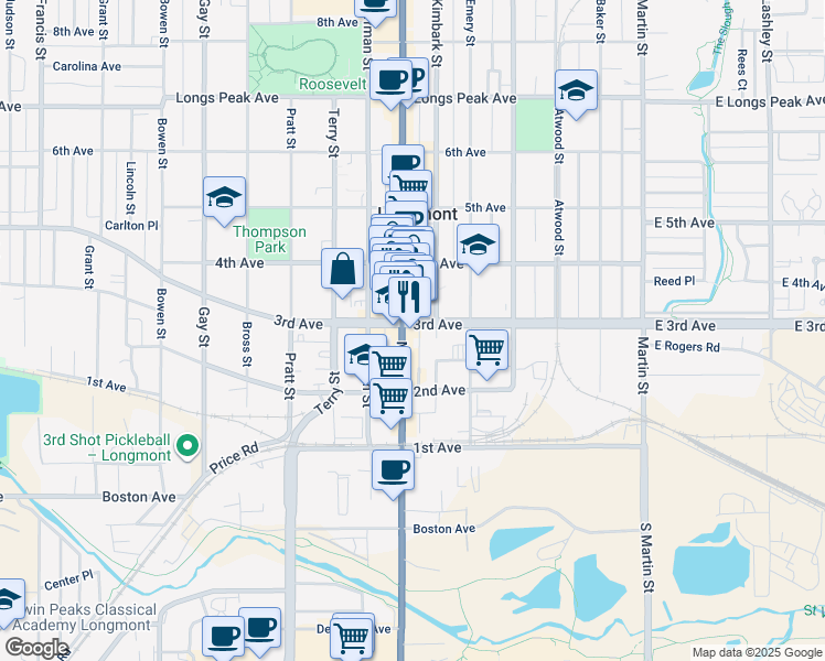 map of restaurants, bars, coffee shops, grocery stores, and more near 510 3rd Avenue in Longmont