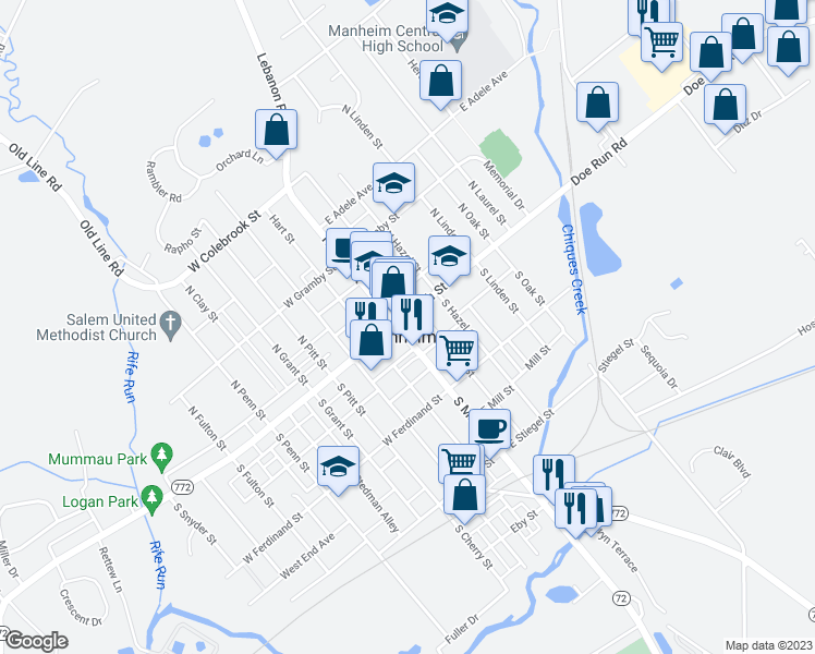 map of restaurants, bars, coffee shops, grocery stores, and more near 7 South Main Street in Manheim