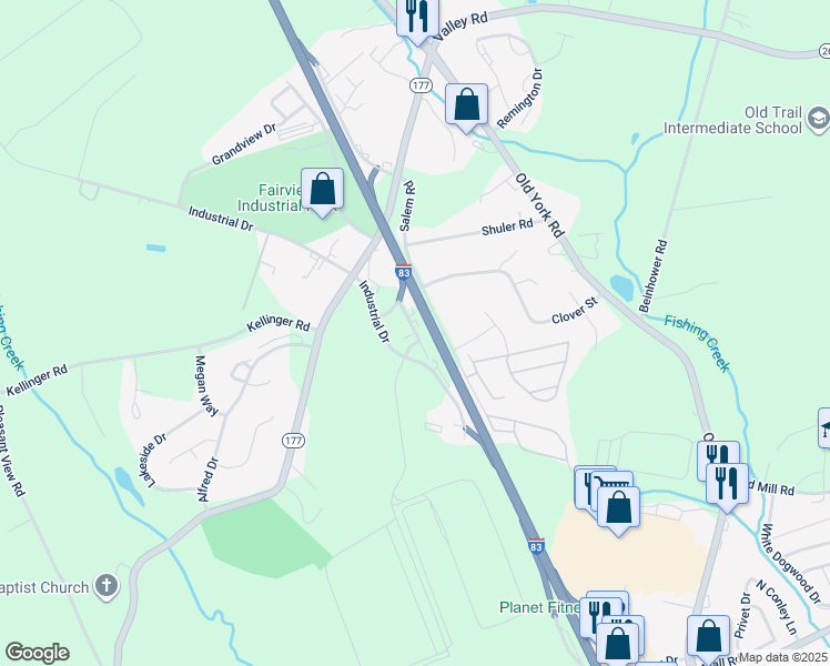 map of restaurants, bars, coffee shops, grocery stores, and more near Yorktown Road in York County