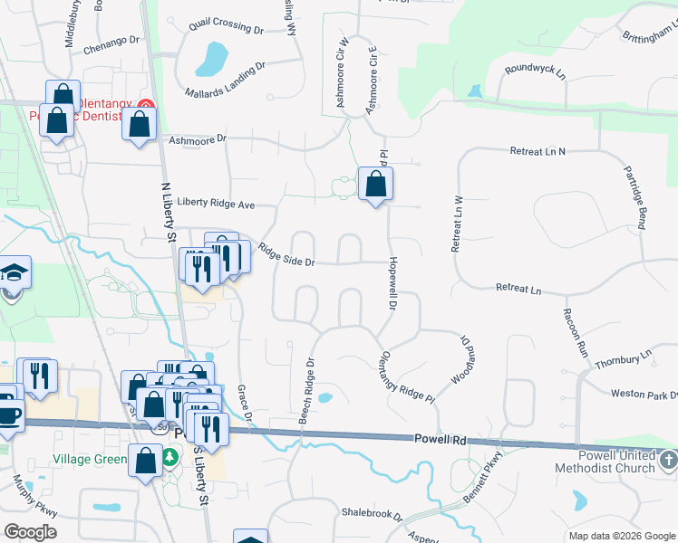 map of restaurants, bars, coffee shops, grocery stores, and more near 269 Ridge Side Drive in Powell