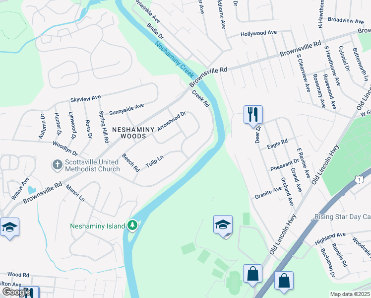 map of restaurants, bars, coffee shops, grocery stores, and more near 2768 Arrowhead Drive in Langhorne