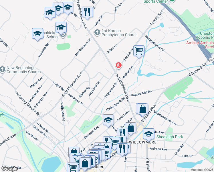 map of restaurants, bars, coffee shops, grocery stores, and more near 436 Tennis Avenue in Ambler