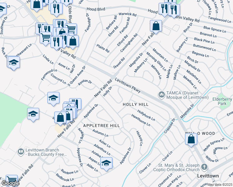 map of restaurants, bars, coffee shops, grocery stores, and more near 59 Horseshoe Lane in Levittown