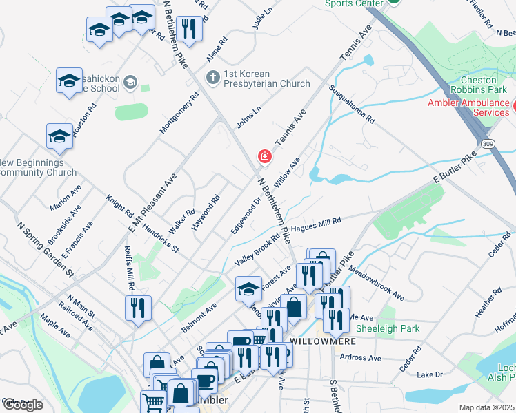 map of restaurants, bars, coffee shops, grocery stores, and more near 448 Edgewood Drive in Ambler