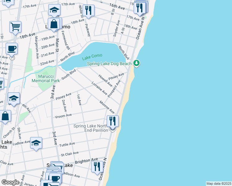 map of restaurants, bars, coffee shops, grocery stores, and more near 2505 Ocean Avenue in Spring Lake