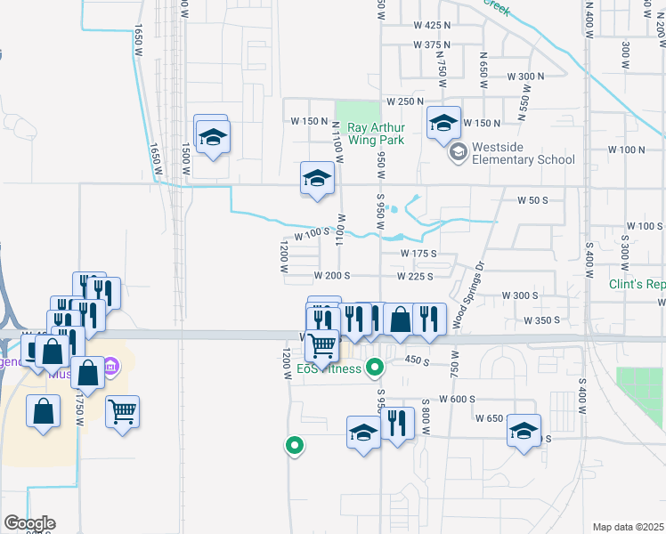 map of restaurants, bars, coffee shops, grocery stores, and more near 192 South 1100 West in Springville