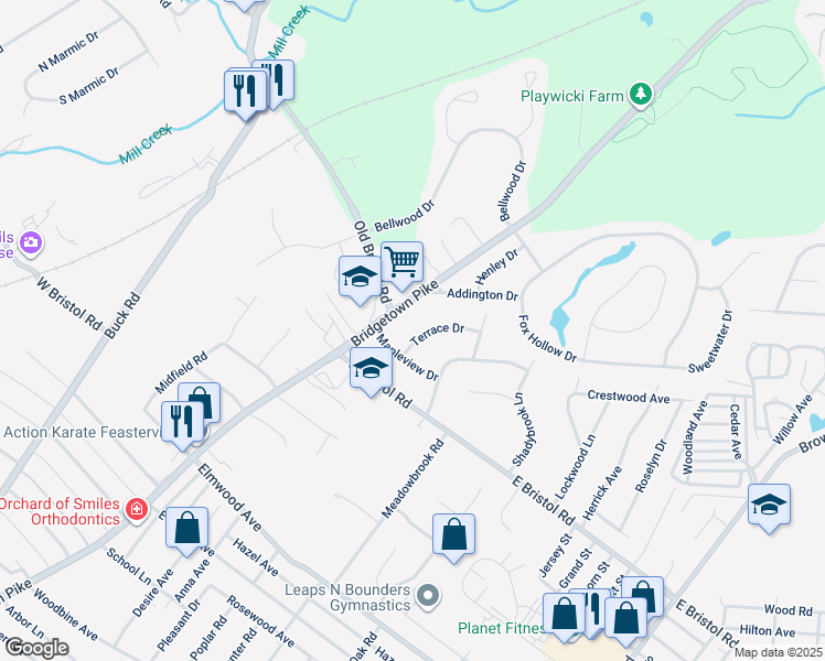 map of restaurants, bars, coffee shops, grocery stores, and more near 2034 Terrace Drive in Feasterville-Trevose