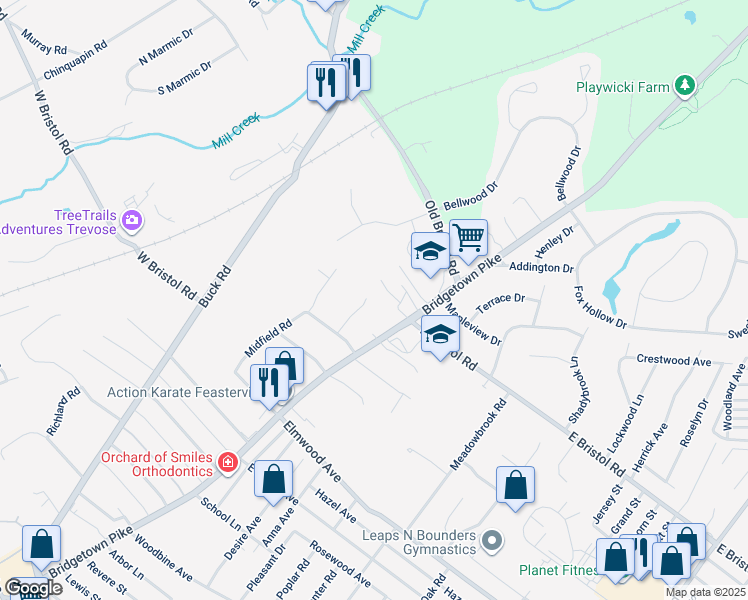 map of restaurants, bars, coffee shops, grocery stores, and more near 1944 Melissa Drive in Feasterville-Trevose