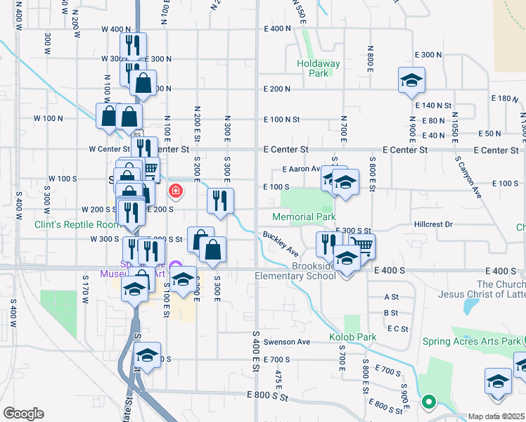 map of restaurants, bars, coffee shops, grocery stores, and more near 201 South 400 East in Springville