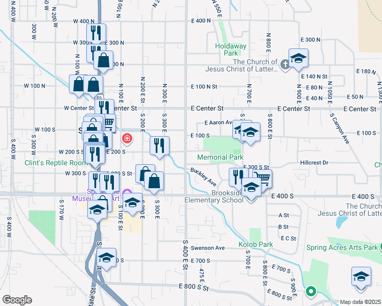 map of restaurants, bars, coffee shops, grocery stores, and more near 201 South 400 East in Springville