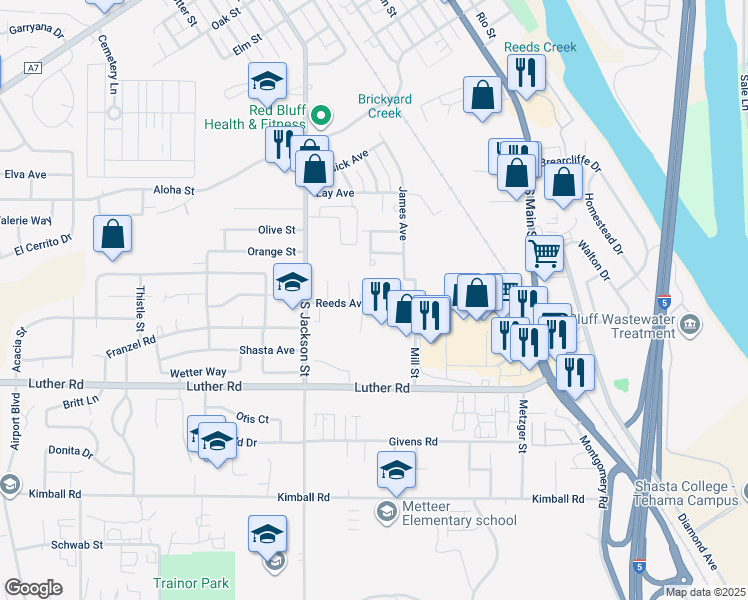 map of restaurants, bars, coffee shops, grocery stores, and more near 636 Reeds Avenue in Red Bluff