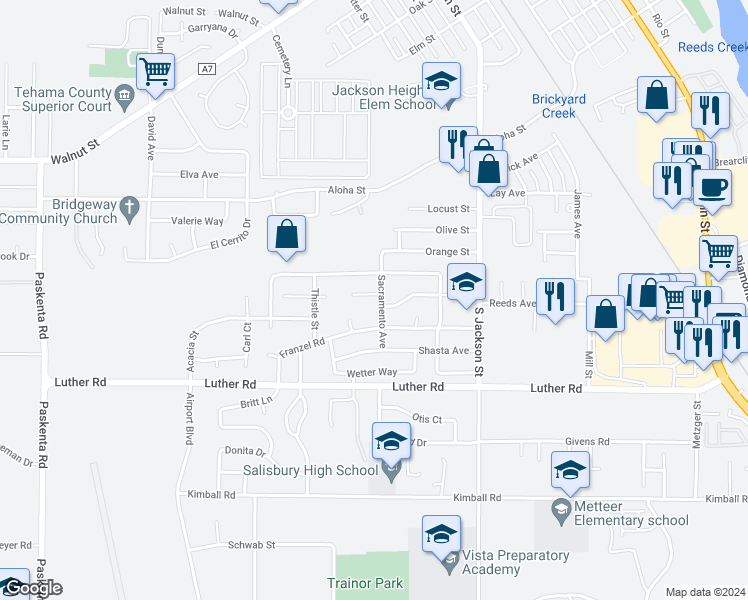 map of restaurants, bars, coffee shops, grocery stores, and more near 540 Sacramento Avenue in Red Bluff