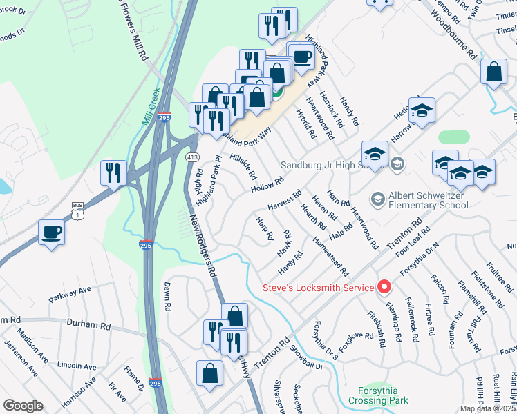 map of restaurants, bars, coffee shops, grocery stores, and more near 37 Harvest Road in Levittown