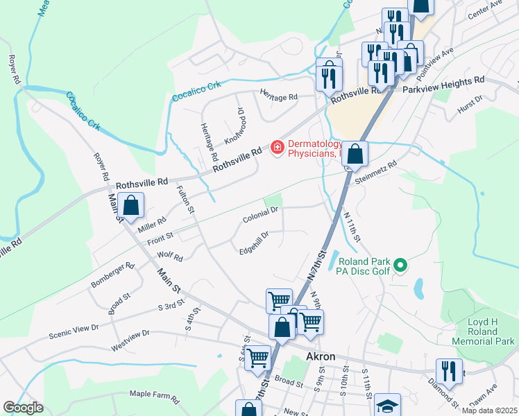 map of restaurants, bars, coffee shops, grocery stores, and more near 256 Colonial Drive in Akron