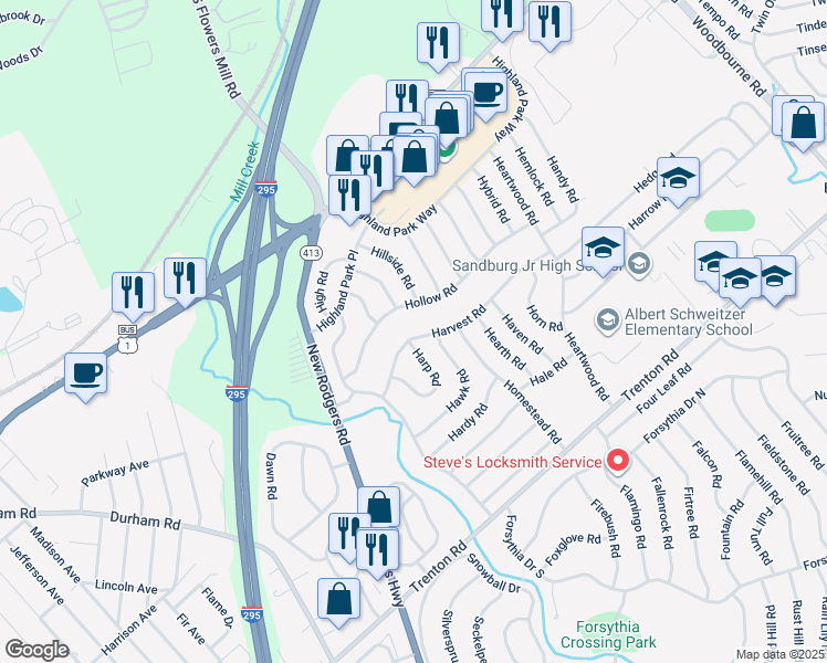 map of restaurants, bars, coffee shops, grocery stores, and more near 37 Harvest Road in Levittown