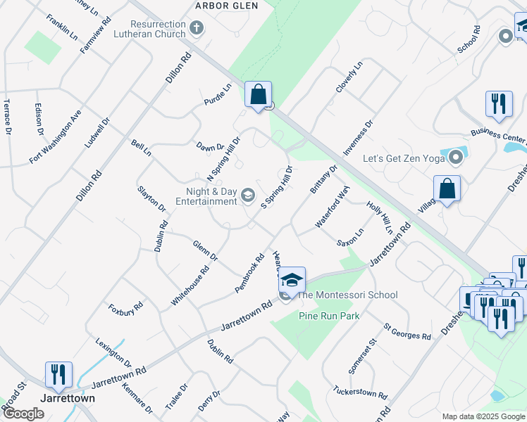 map of restaurants, bars, coffee shops, grocery stores, and more near 1601 Shamrock Place in Maple Glen