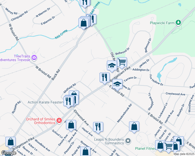 map of restaurants, bars, coffee shops, grocery stores, and more near 1944 Melissa Drive in Feasterville-Trevose
