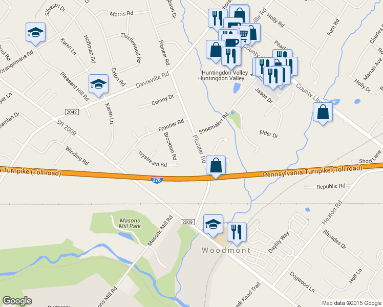 map of restaurants, bars, coffee shops, grocery stores, and more near 2050 Pioneer Road in Montgomery County