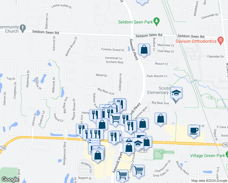 map of restaurants, bars, coffee shops, grocery stores, and more near 3614 Mead Drive in Powell