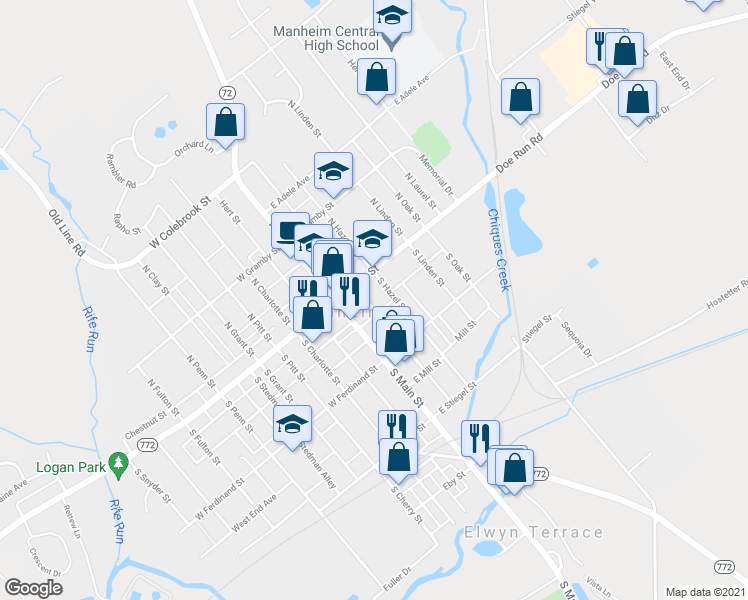 map of restaurants, bars, coffee shops, grocery stores, and more near 15 South Wolf Street in Manheim