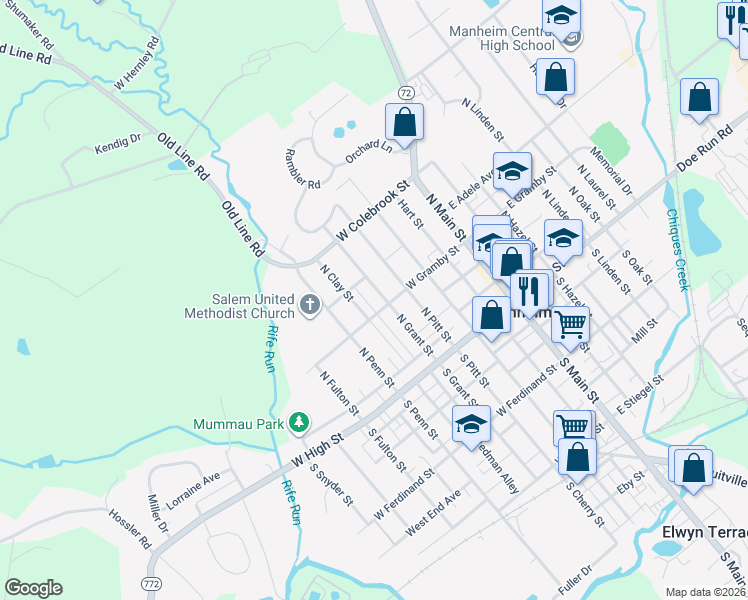 map of restaurants, bars, coffee shops, grocery stores, and more near 114 North Grant Street in Manheim