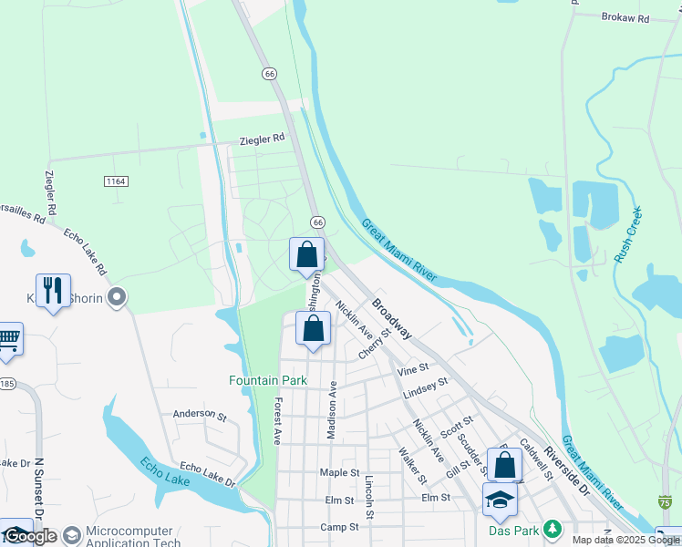 map of restaurants, bars, coffee shops, grocery stores, and more near 1722 Broadway in Piqua
