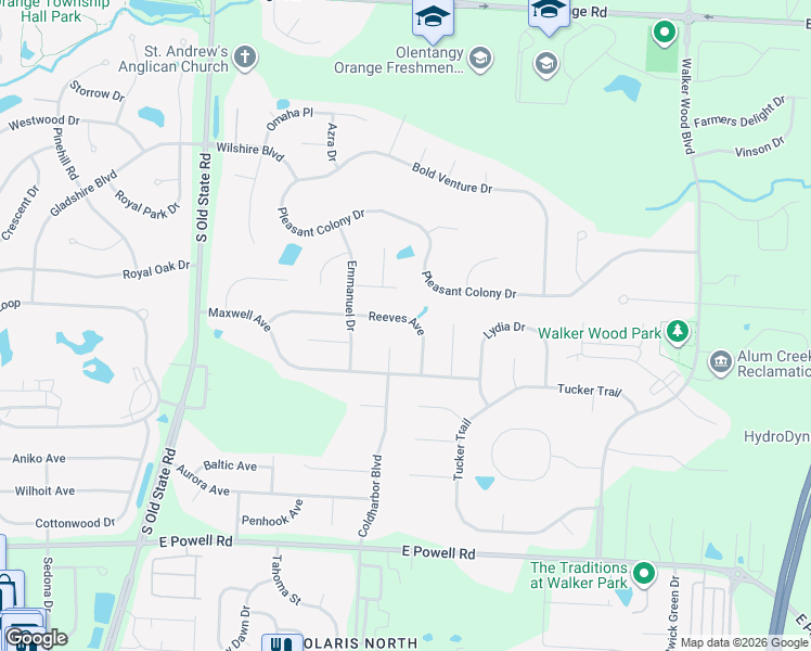 map of restaurants, bars, coffee shops, grocery stores, and more near 2410 Reeves Avenue in Lewis Center