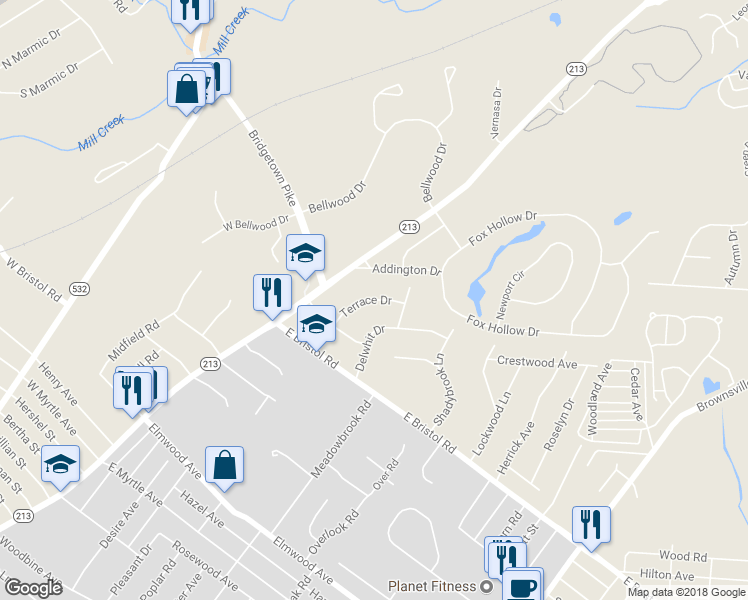 map of restaurants, bars, coffee shops, grocery stores, and more near 2037 Terrace Drive in Feasterville-Trevose
