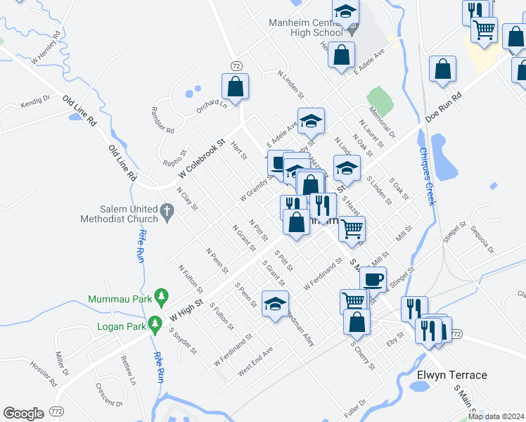 map of restaurants, bars, coffee shops, grocery stores, and more near 50 North Charlotte Street in Manheim