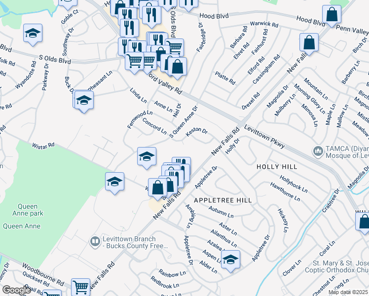 map of restaurants, bars, coffee shops, grocery stores, and more near 606 Keston Court in Fairless Hills
