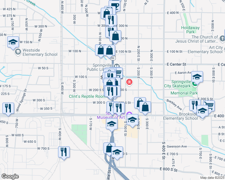 map of restaurants, bars, coffee shops, grocery stores, and more near 1 West 200 South Street in Springville