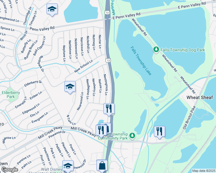 map of restaurants, bars, coffee shops, grocery stores, and more near 46 Nestingrock Lane in Levittown