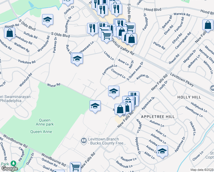 map of restaurants, bars, coffee shops, grocery stores, and more near 556 Fernwood Lane in Fairless Hills