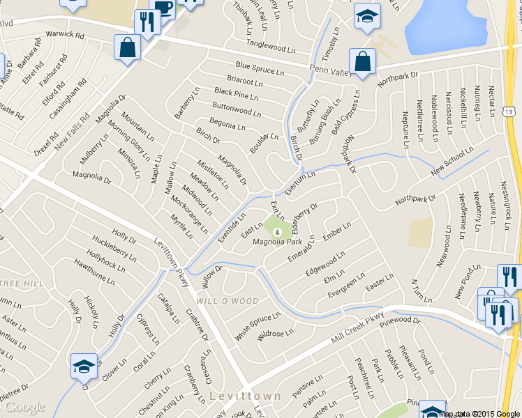 map of restaurants, bars, coffee shops, grocery stores, and more near 104 Eventide Ln in Levittown