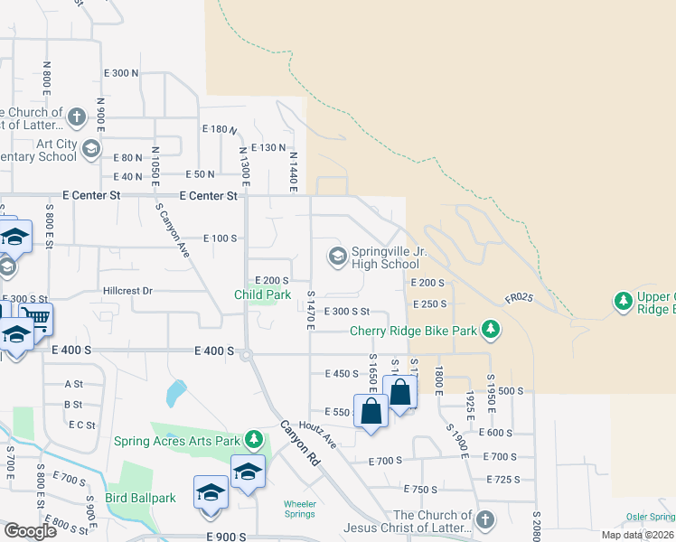 map of restaurants, bars, coffee shops, grocery stores, and more near 189 South 1470 East in Springville
