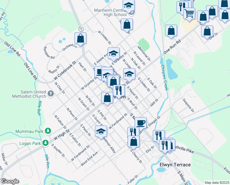 map of restaurants, bars, coffee shops, grocery stores, and more near 1 South Main Street in Manheim